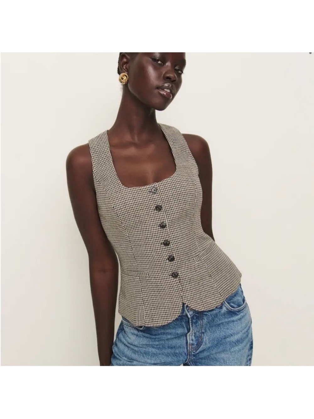 Reformation Delanie Vest in Brown Houndstooth